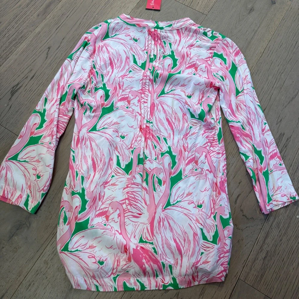 NWT Lilly Pulitzer Sarasota Tunic Pink Colony Flamingo Print Top 92484 XS NEW